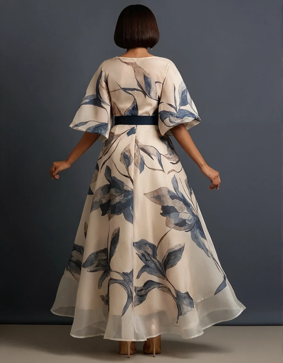 Elegant Navy Floral Organza Gown with High-Low Hem and Sash Belt