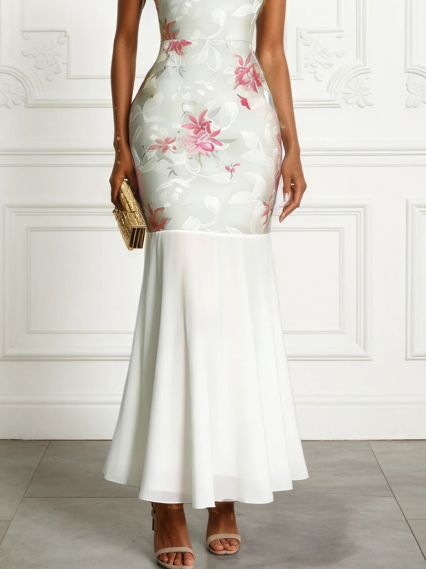 White Floral Satin One Shoulder Sleeveless Mermaid Maxi Dress