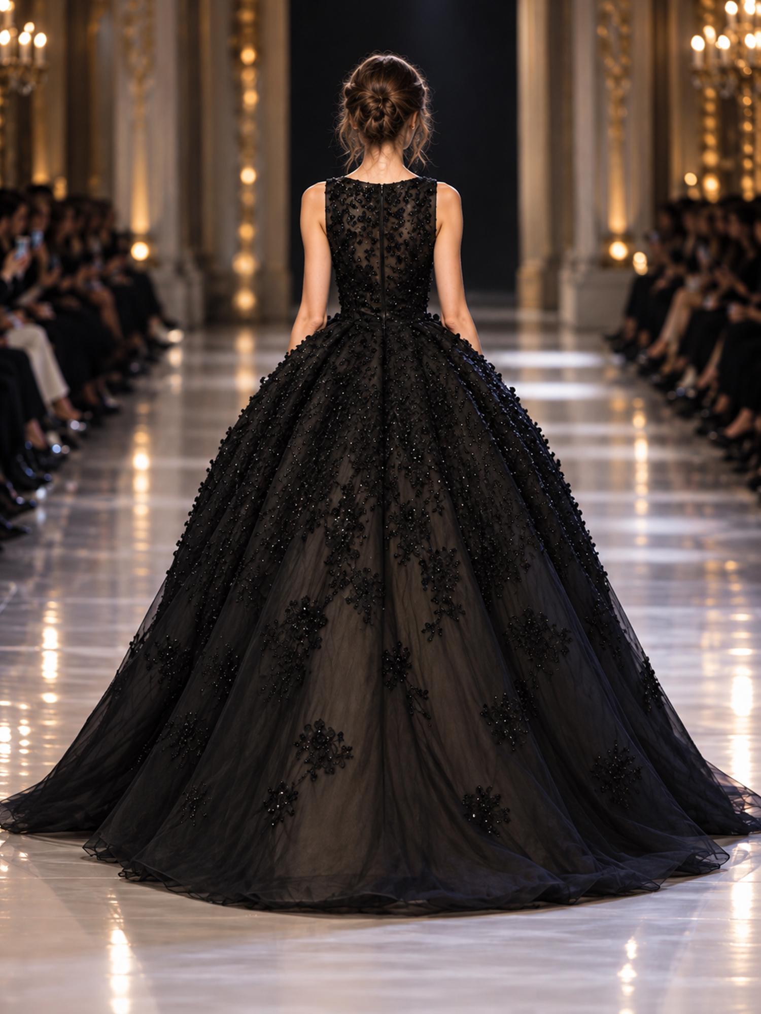 Black Sleeveless 3D Floral Beaded Sheer Tulle Evening Dress