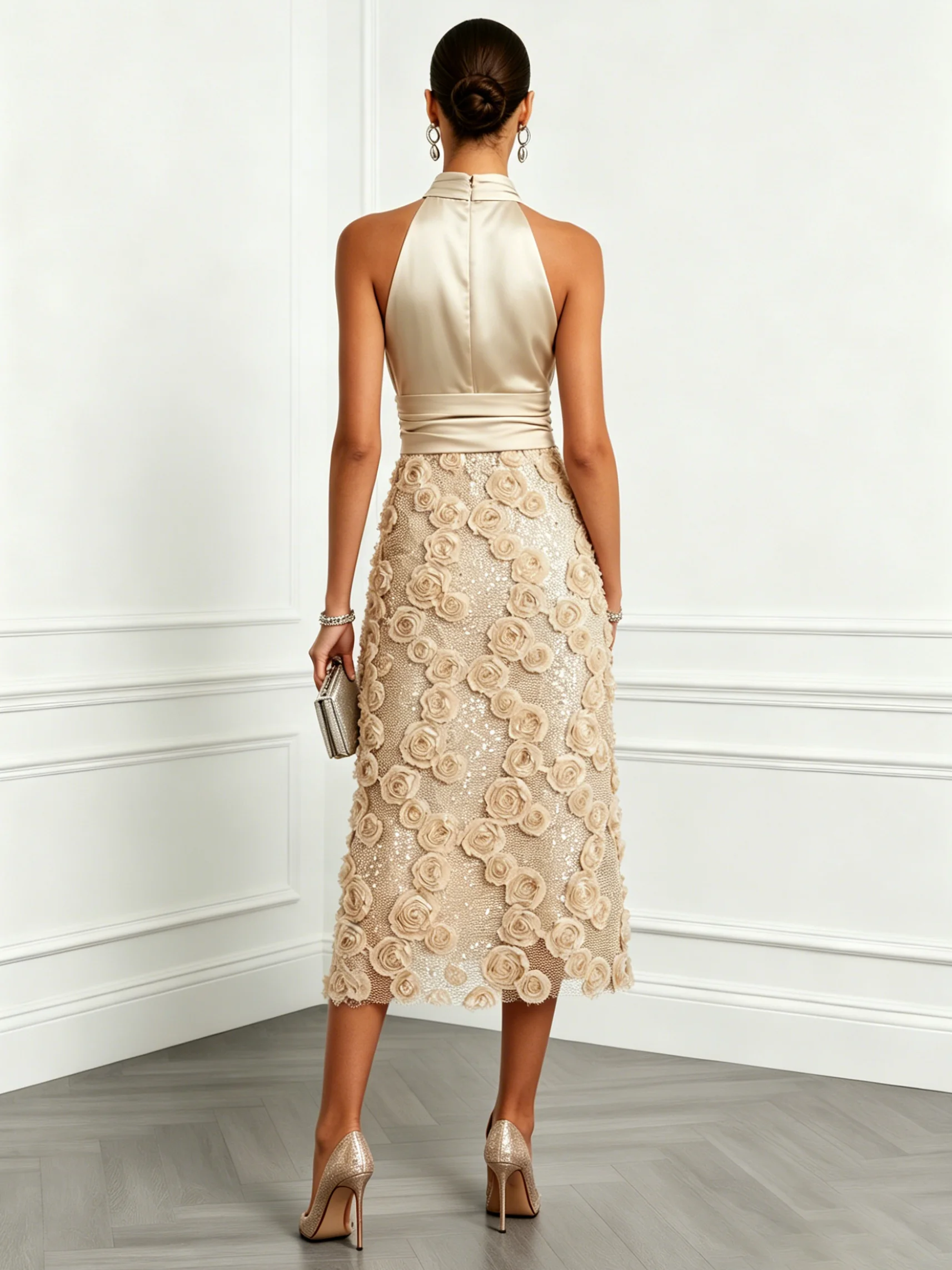 Champagne 3D Floral Glitter Classic Mock Neck Sleeveless A-Line Midi Dress