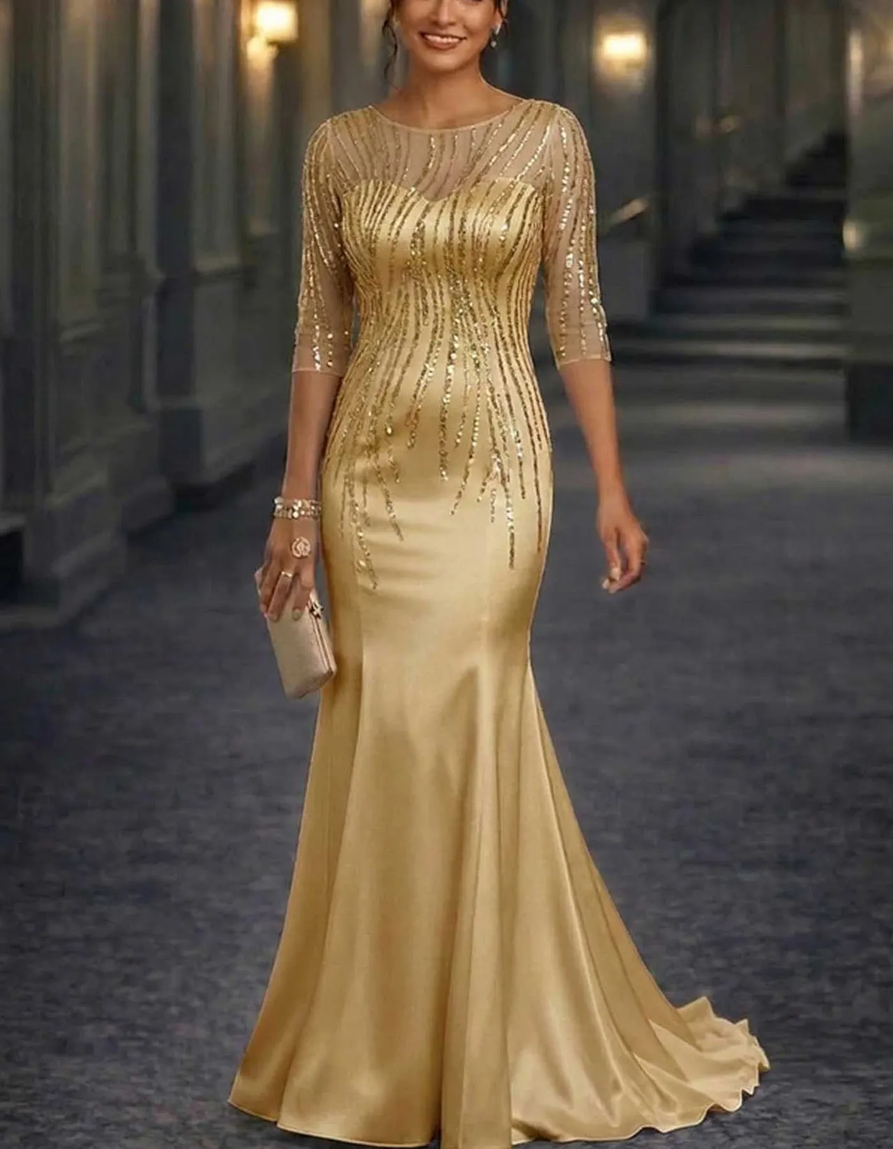 Satin Mesh Illusion Round Neck Sequin Mermaid Maxi Dress