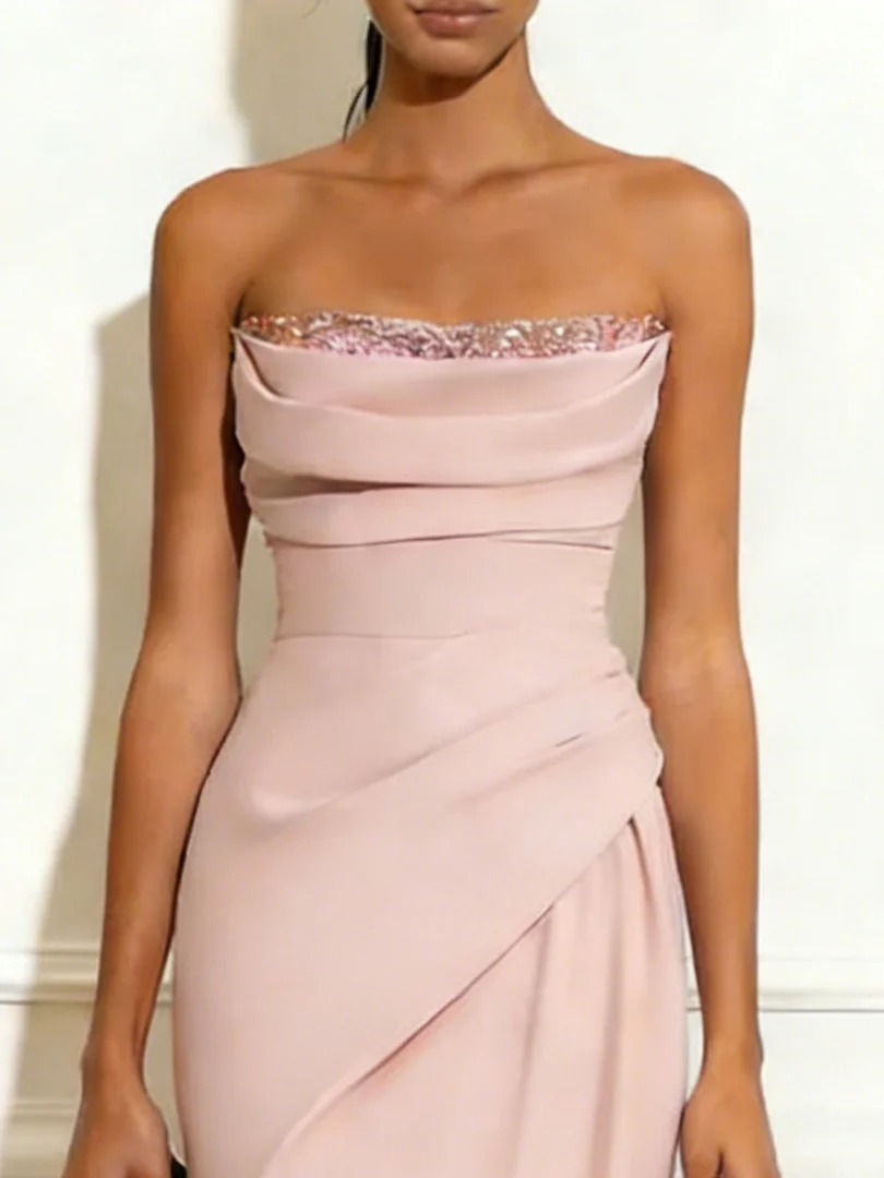 Pink Ruched Glitter Classic Strapless Sleeveless Sheath Maxi Dress