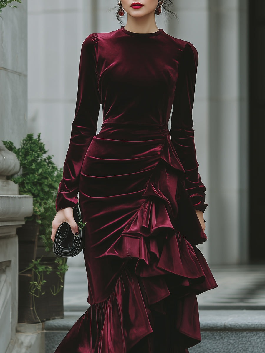 Burgundy Long Sleeve Ruffled Tier Evening Gown