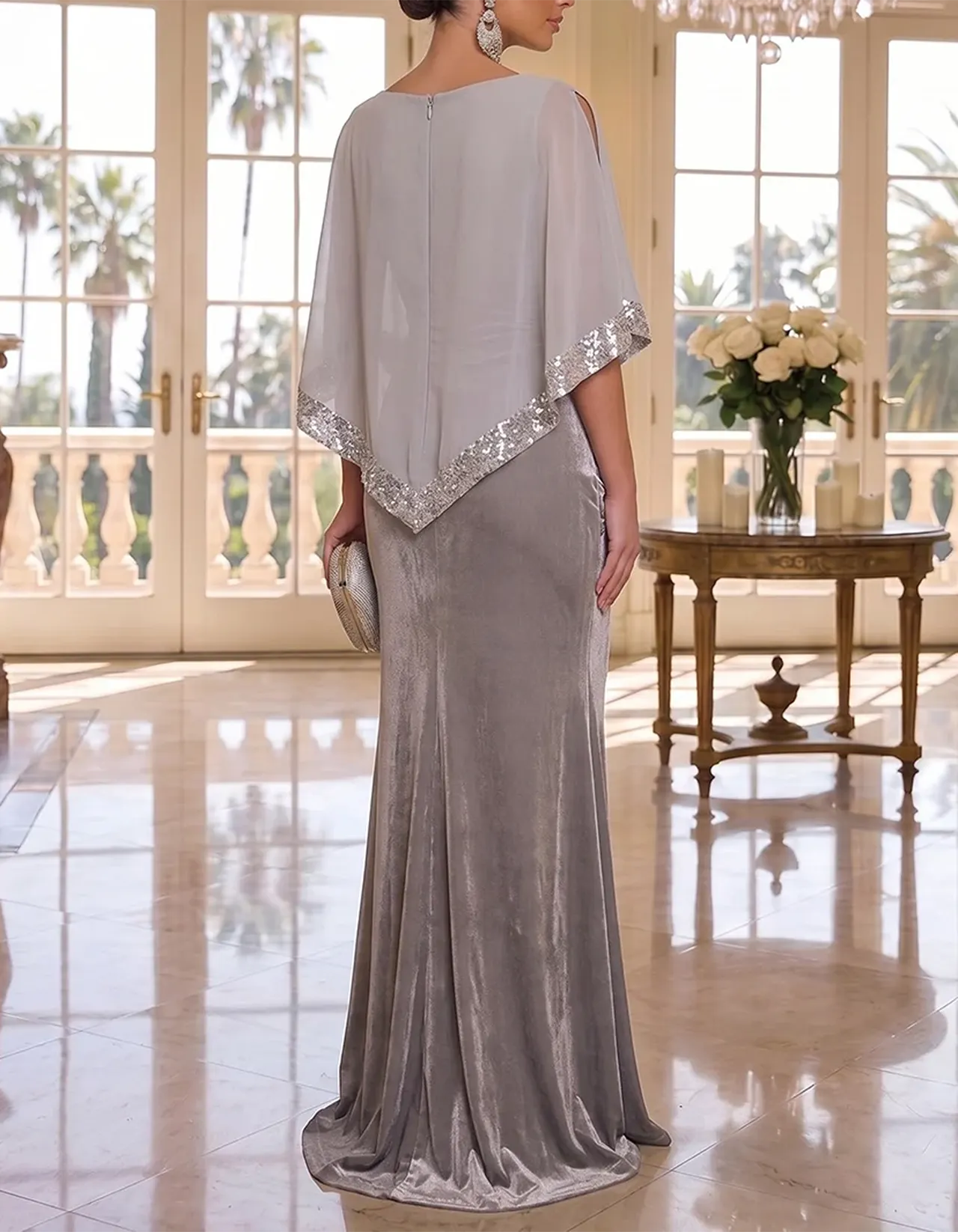 Grey Sequin Trim Chiffon Cape Velvet Mermaid Maxi Dress