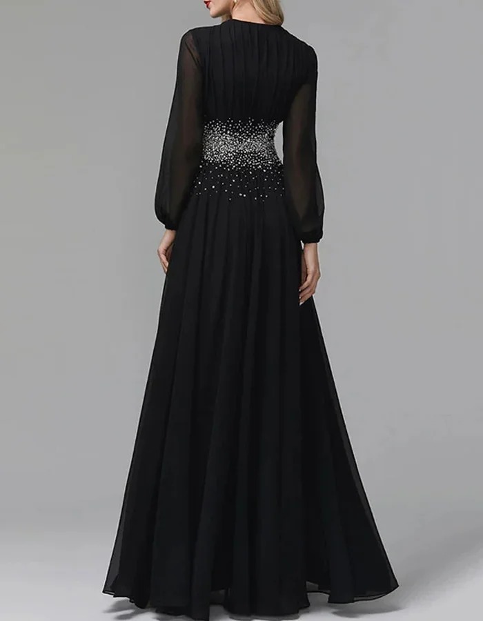 V-neck Solid Color Chiffon Long Sleeves Maxi Dress