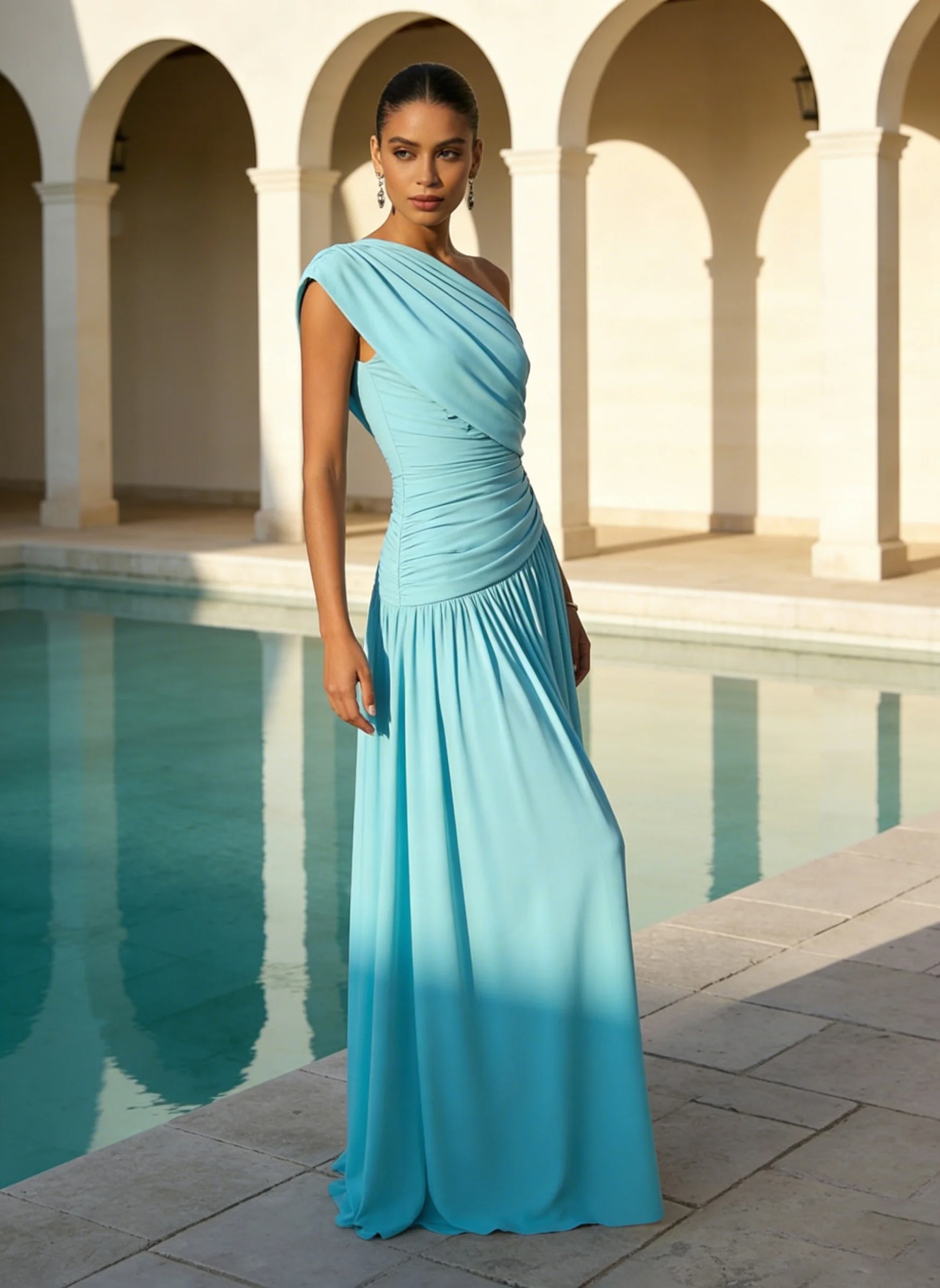 Blue Ruched Knit Asymmetrical Sleeveless A-Line Floor-length Gown Dress