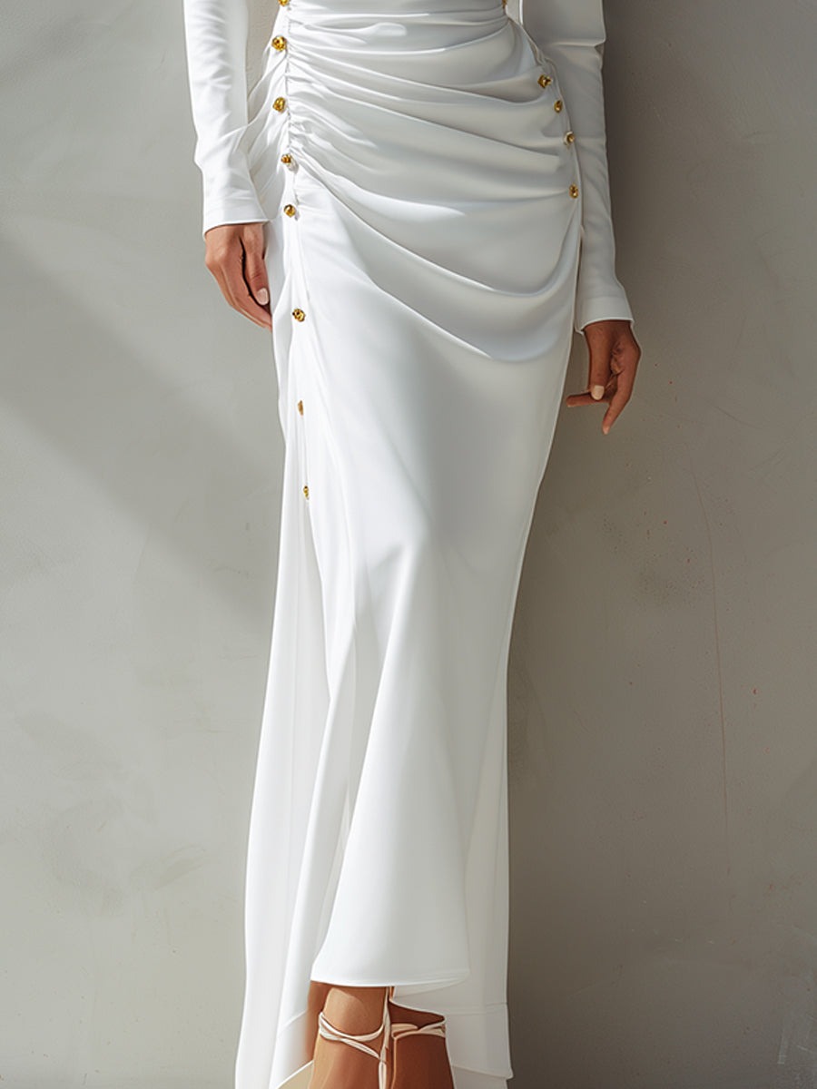High-Neck Ruched Maxi Gown With Gold-Tone Button Detailing