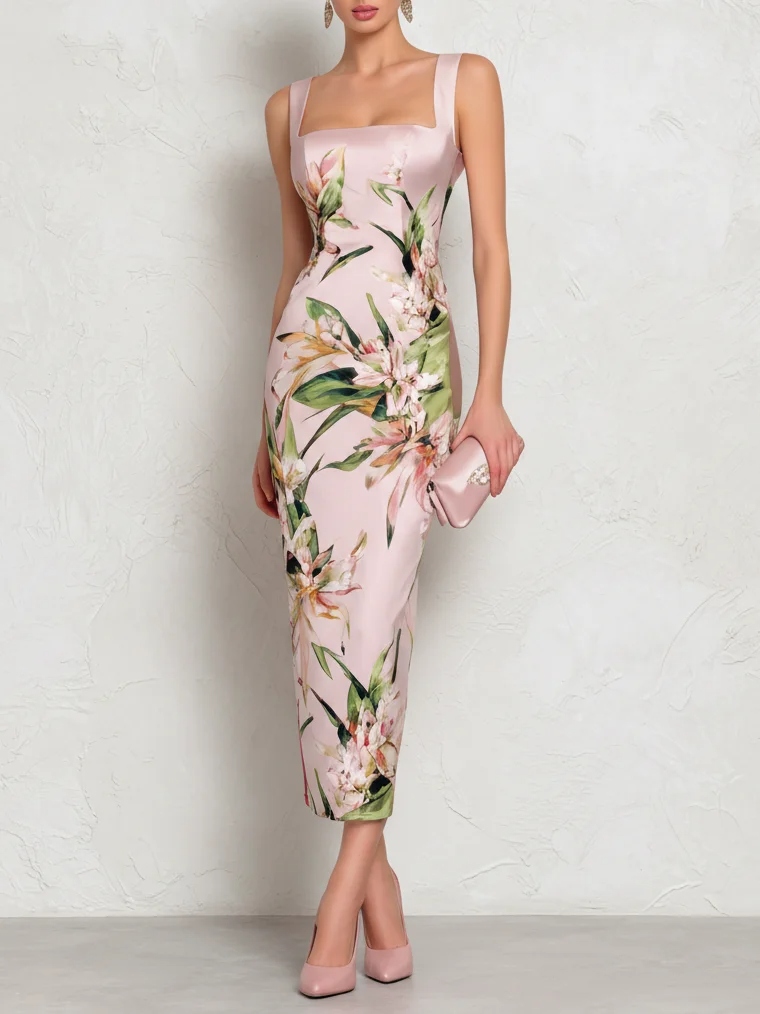 Pink Floral Satin Square Neck Sleeveless Sheath Midi Dress