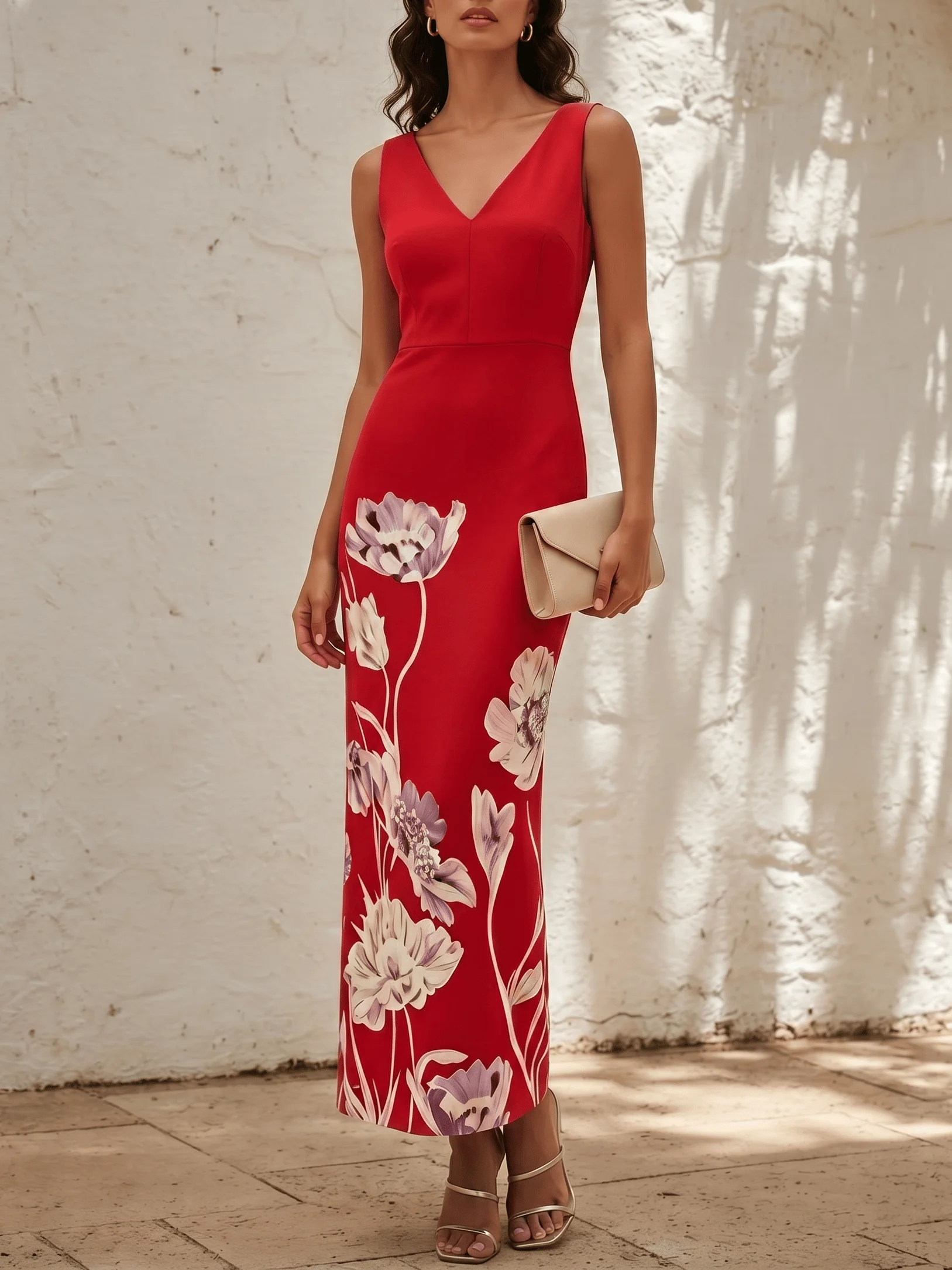 Red Floral Classic V Neck Sleeveless Sheath Maxi Dress