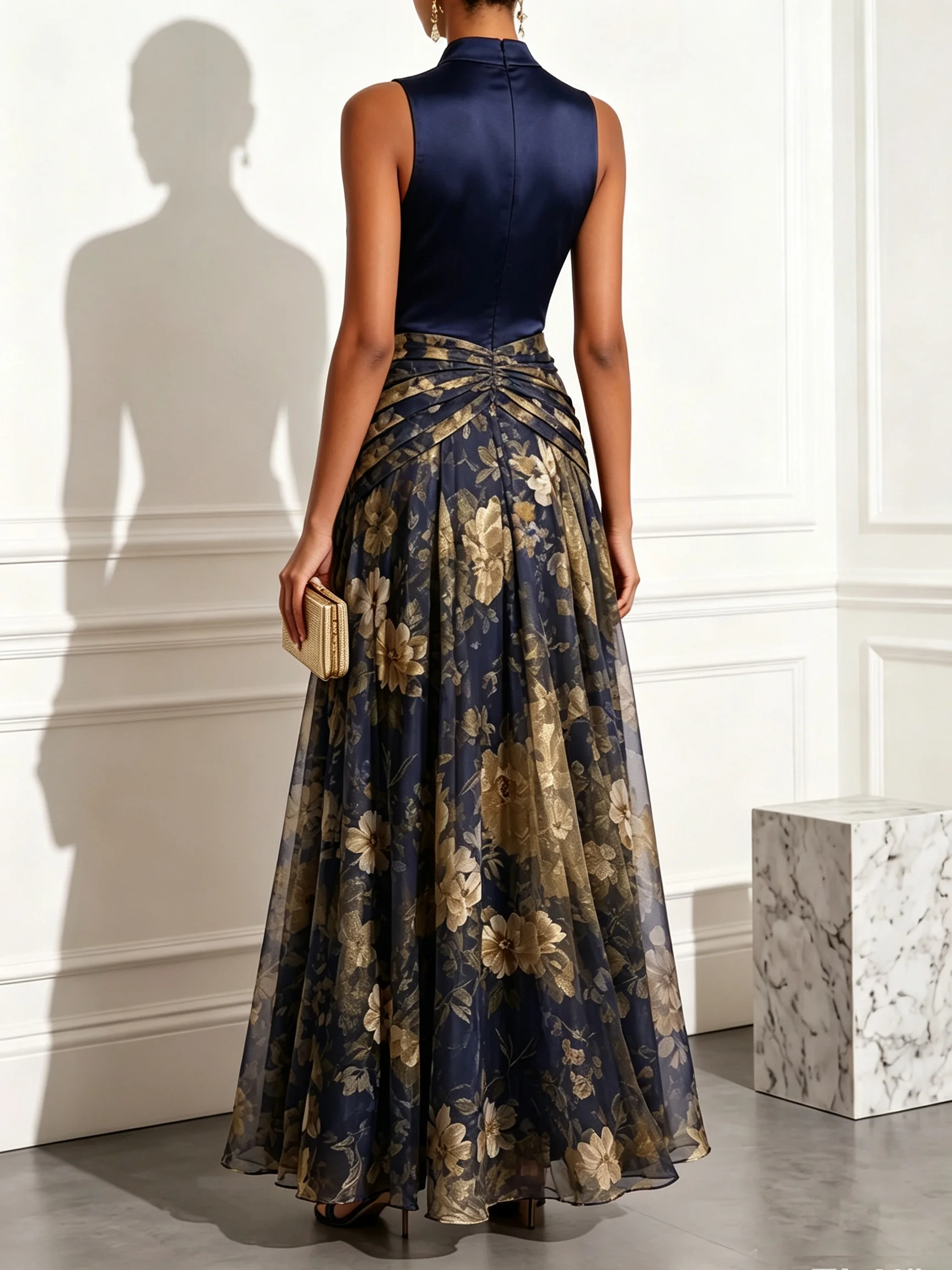Deep Blue Floral Chiffon Mock Neck Sleeveless A-Line Maxi Dress