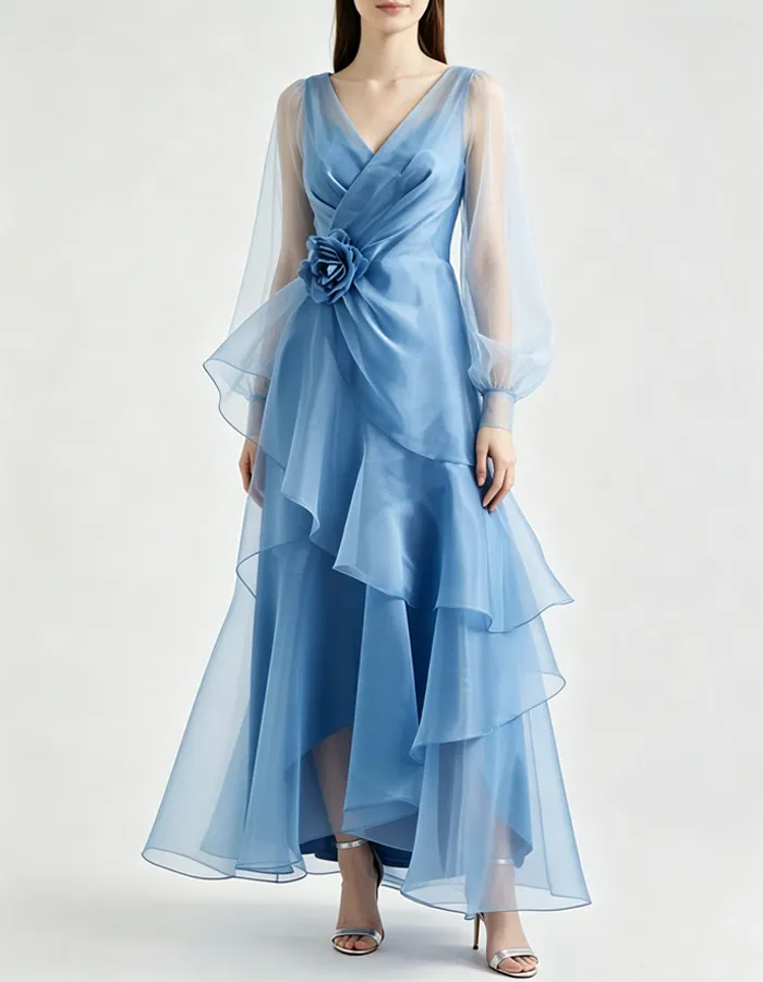 Long Puff Sleeve V Neck Tiered Ruffle Organza Formal Maxi Dress