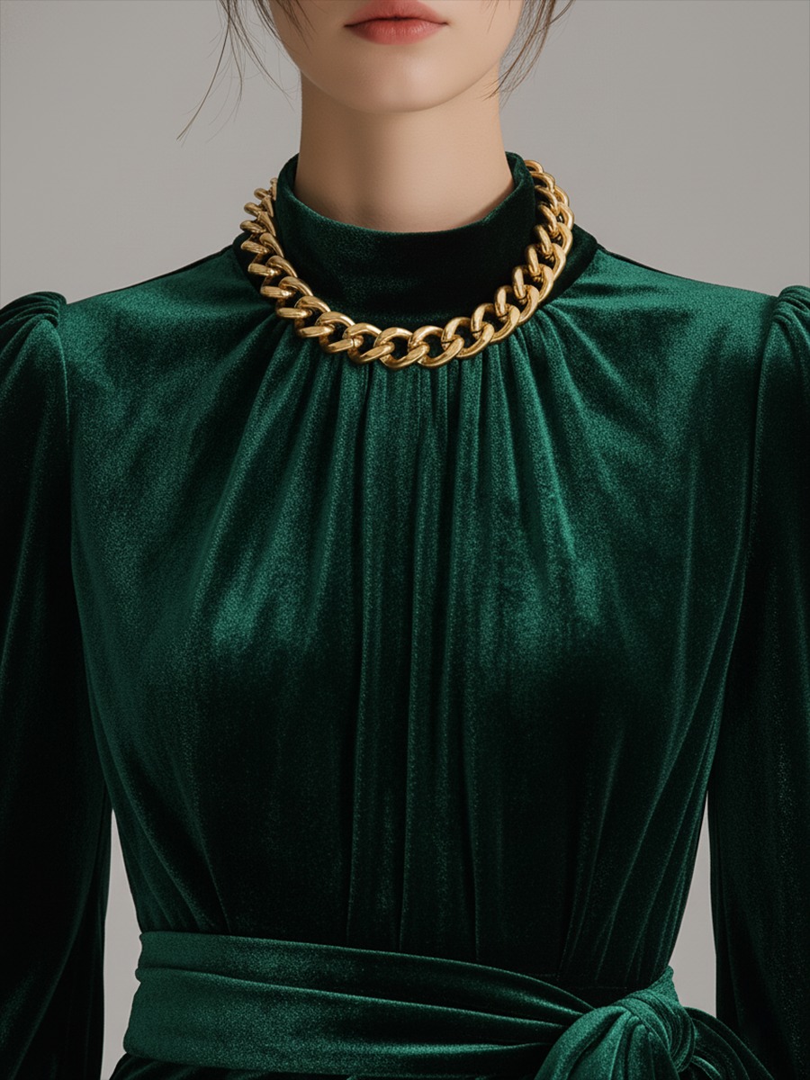 Elegant Stand-up Collar Lantern Sleeve Velvet Maxi Dress