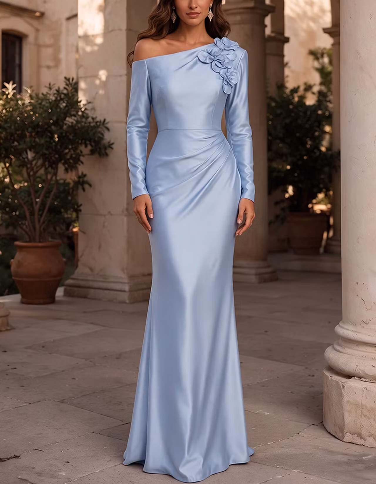Satin Off Shoulder Long Sleeve 3D Floral Side Ruched Maxi Dress