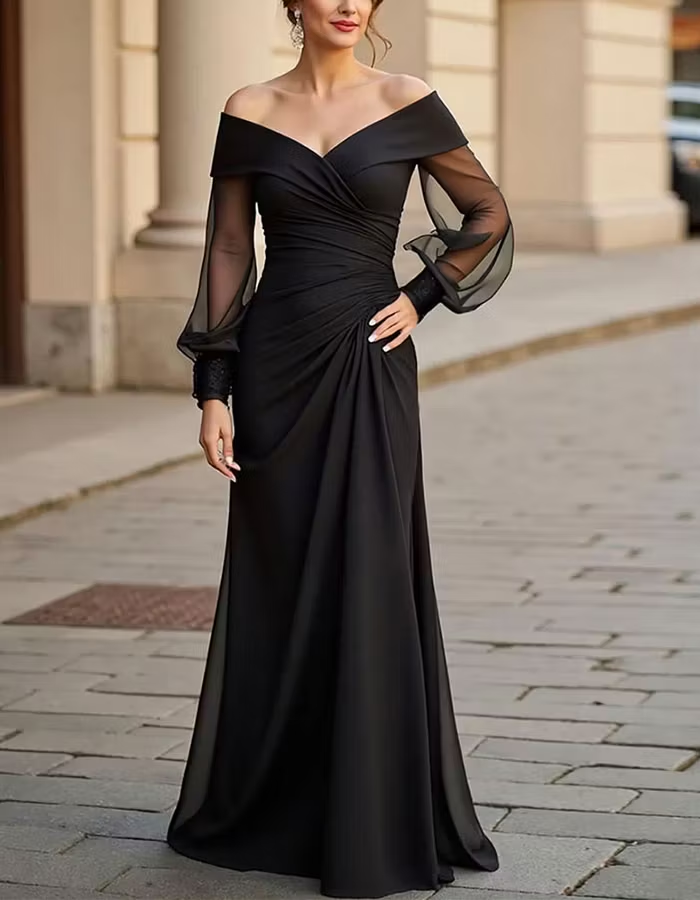 Black Off Shoulder Mesh Sleeves With Ruffled Chiffon Maxi Dress
