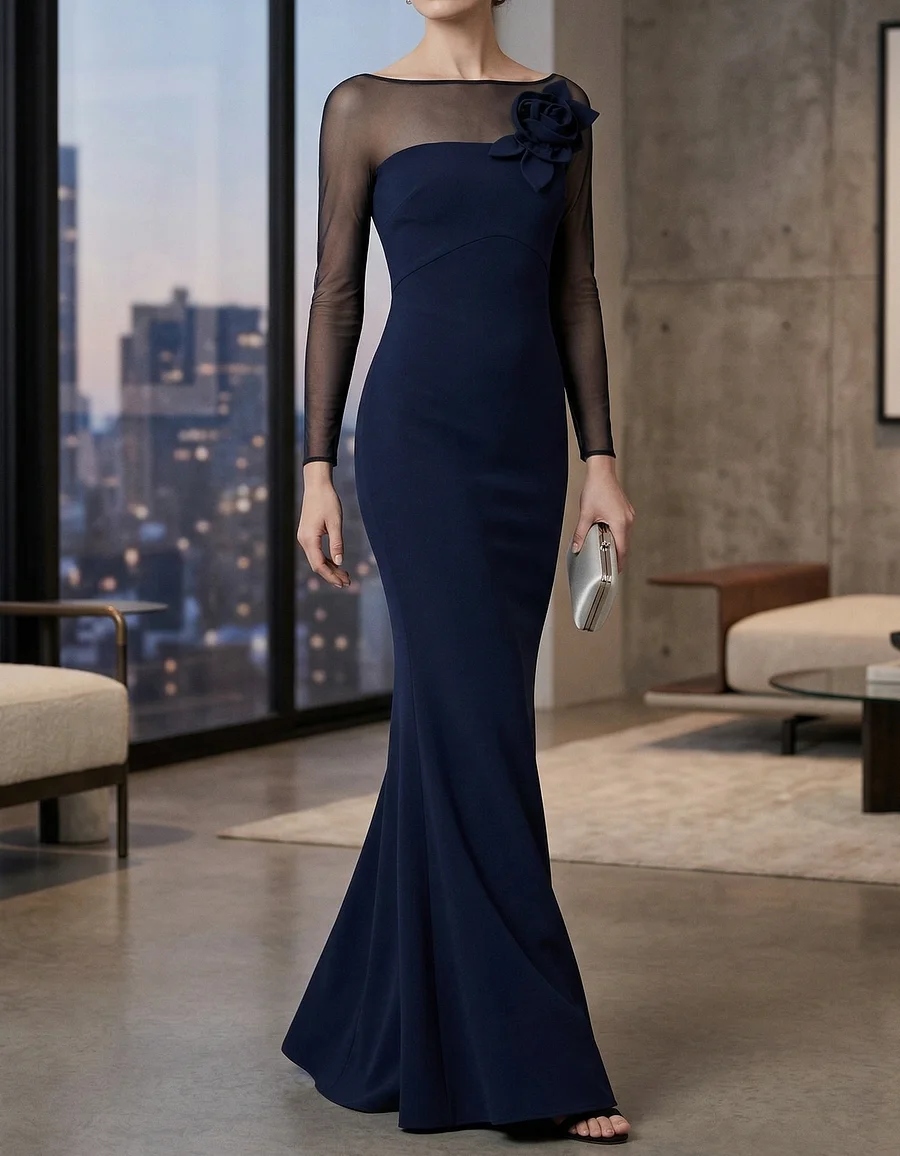 Navy Blue Chiffon Floral Maxi Dress