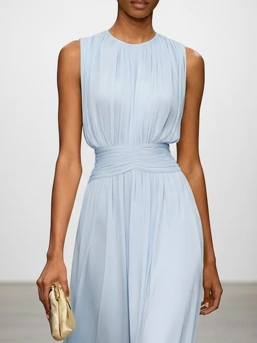 Light Blue Ruched Chiffon Crew Neck Sleeveless A-Line Maxi Dress