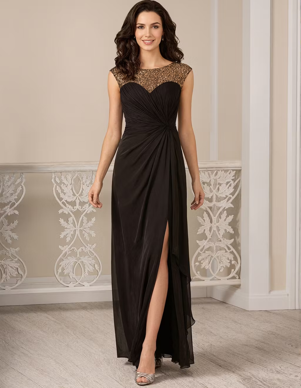 Black And Gold Lace Ruffled Chiffon Slit Maxi Dress