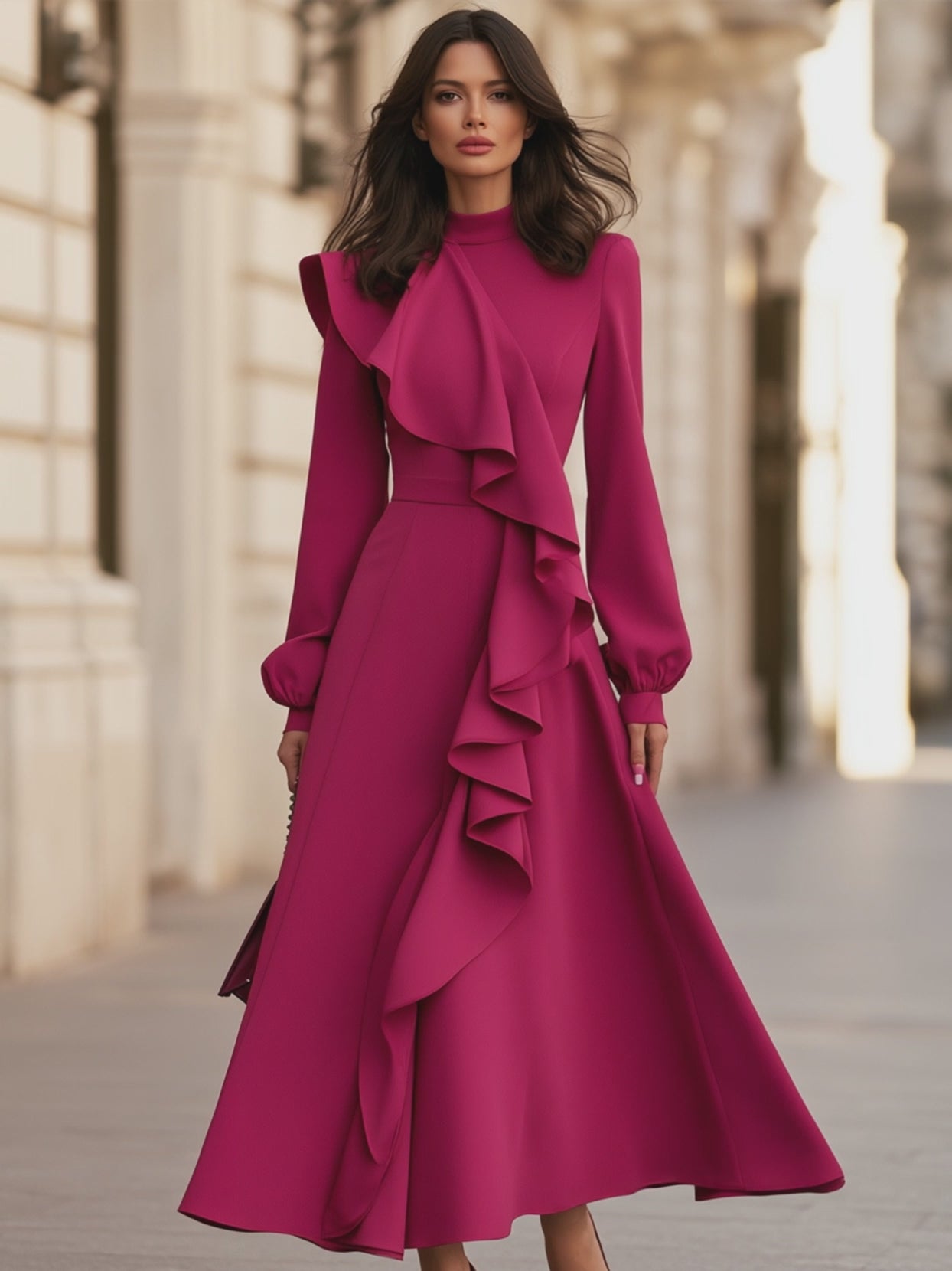 Elegant Ruffle Front Long Sleeve Maxi Dress