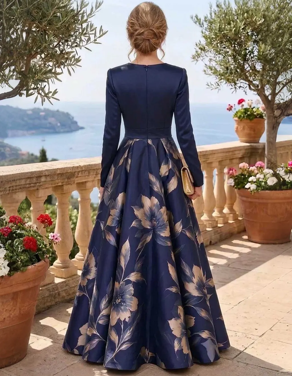Navy Blue Floral Print Round Neck Long Sleeve Satin Maxi Dress