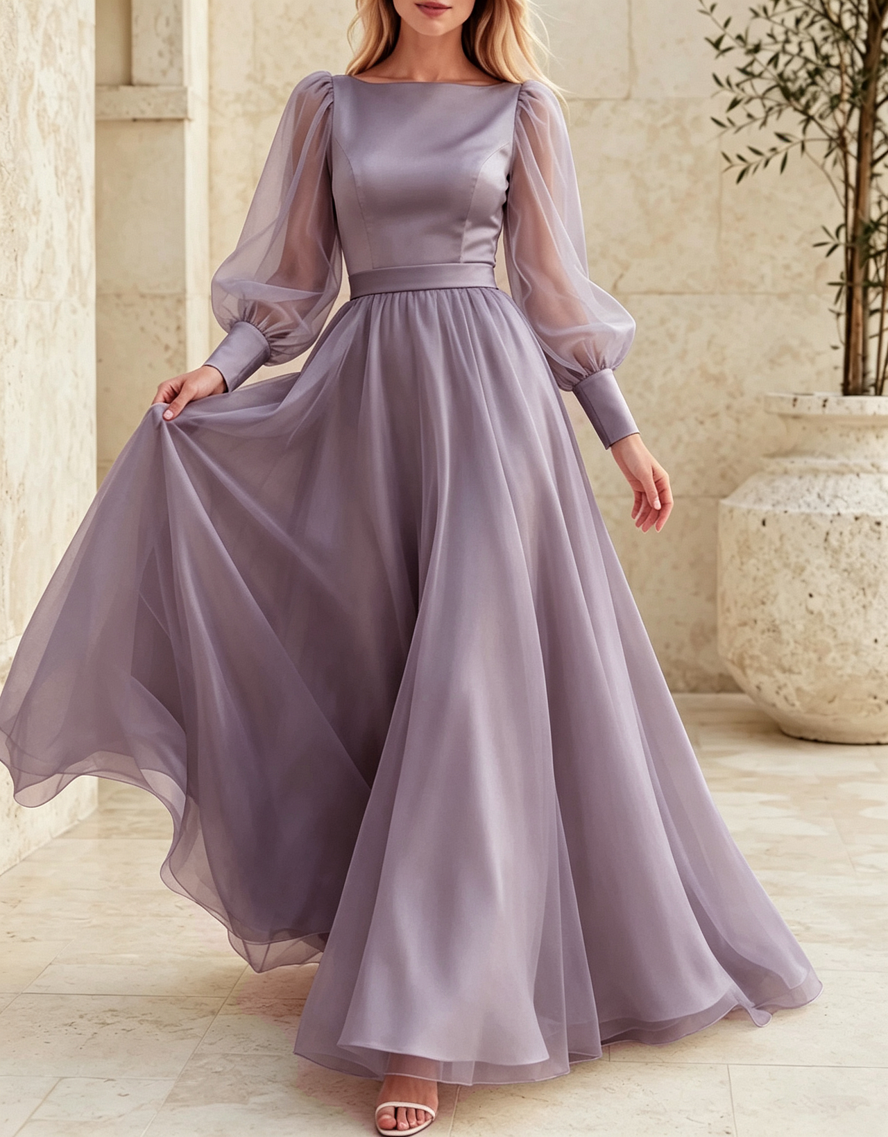 Boat Neck Satin Chiffon Sheer Puff Long Sleeve Evening A‑Line Maxi Dress