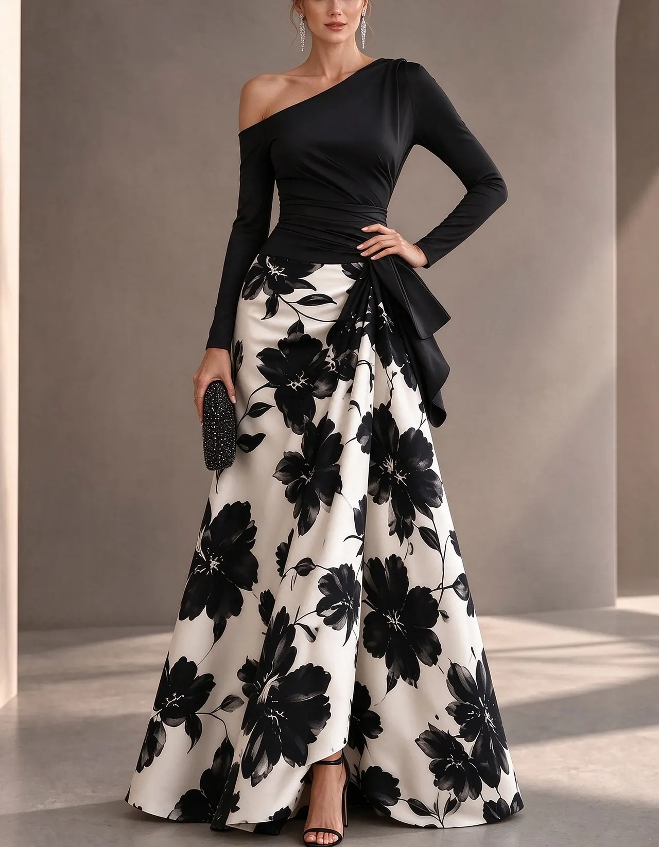 Black White Floral Satin One Shoulder A Line Maxi Dress