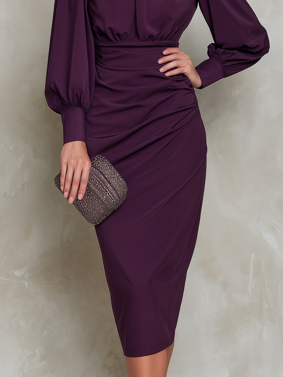 Purple Ruched Waist Puff Sleeve Midi Dress