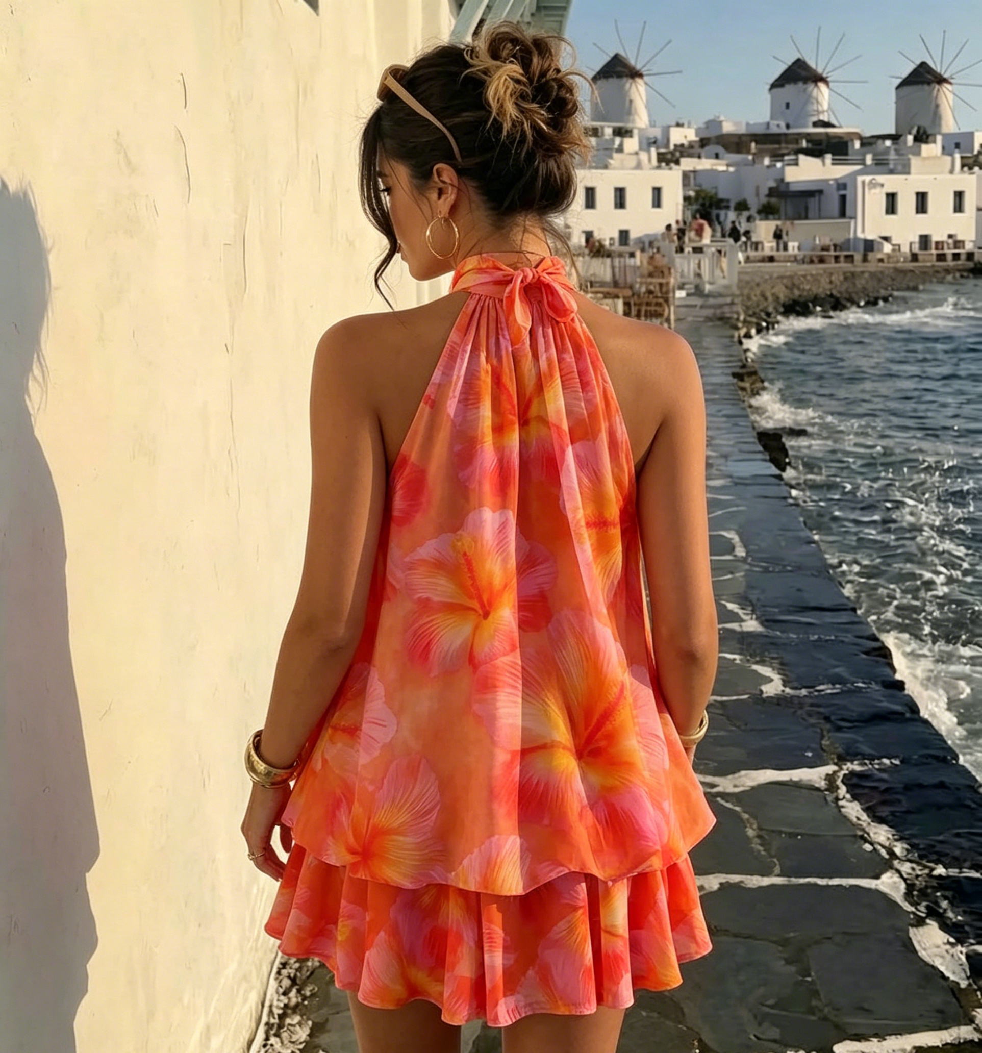 Sunset Gradient Orange Pink Flower Halter Trapeze Mini Sundress