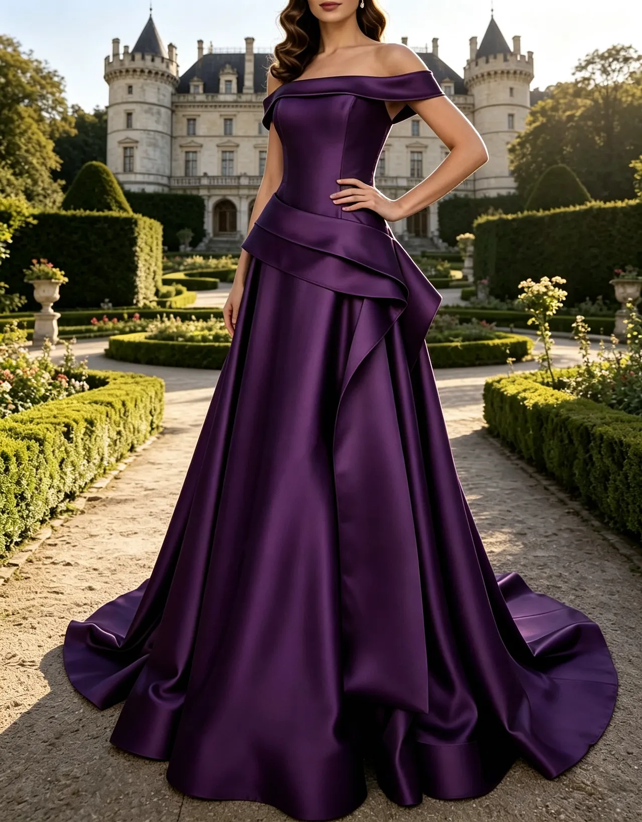 Off The Shoulder Satin Draped Ruffle Waist A-Line Maxi Dress