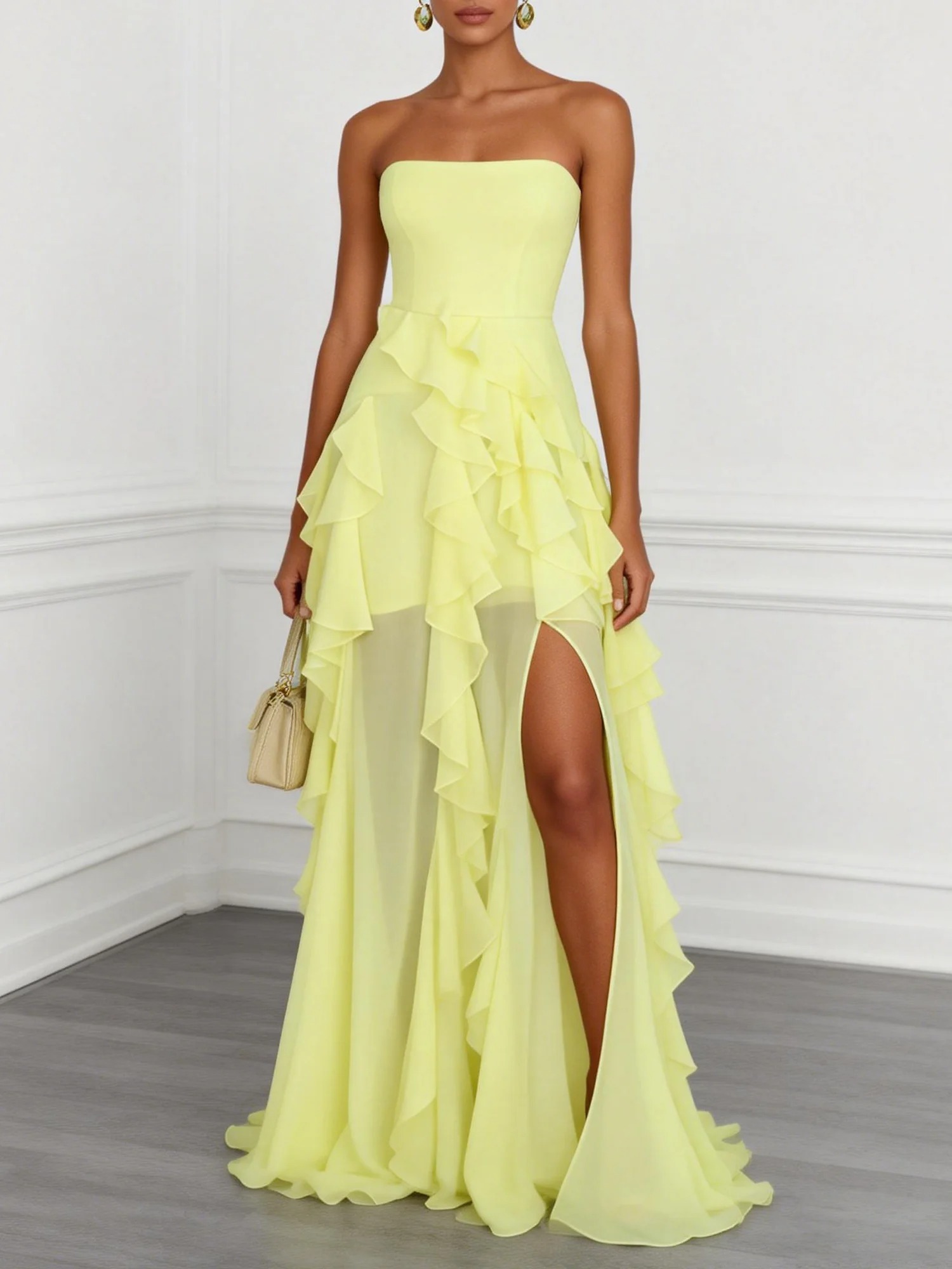 Yellow Ruffled Side-Slit Chiffon Strapless Sleeveless A-Line Gown Dress