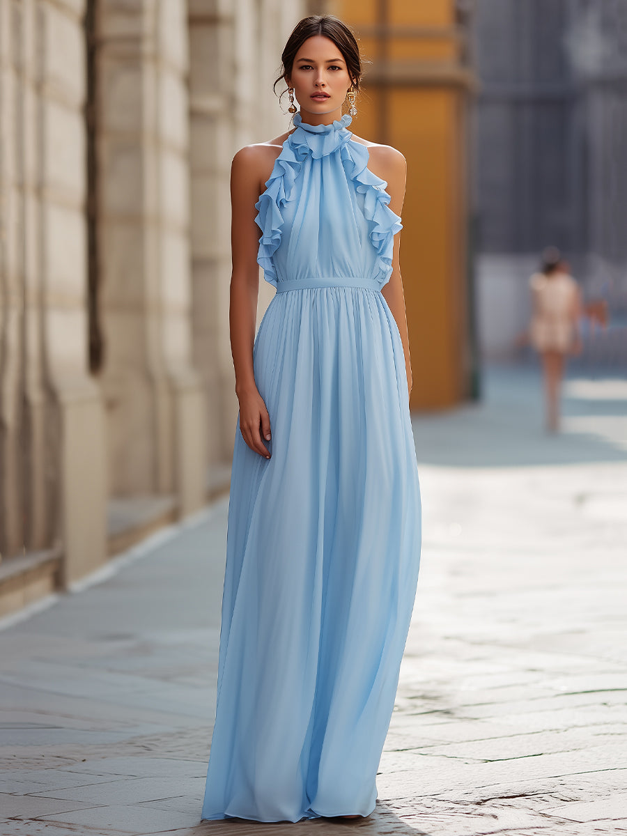 Ethereal Sky Blue Ruffled Halter Chiffon Maxi Dress