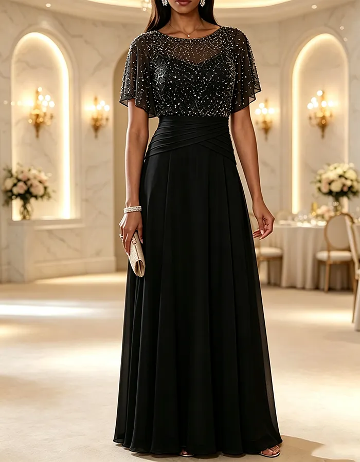 Champagne Short‑Sleeve Tulle & Chiffon A‑Line Maxi Dress