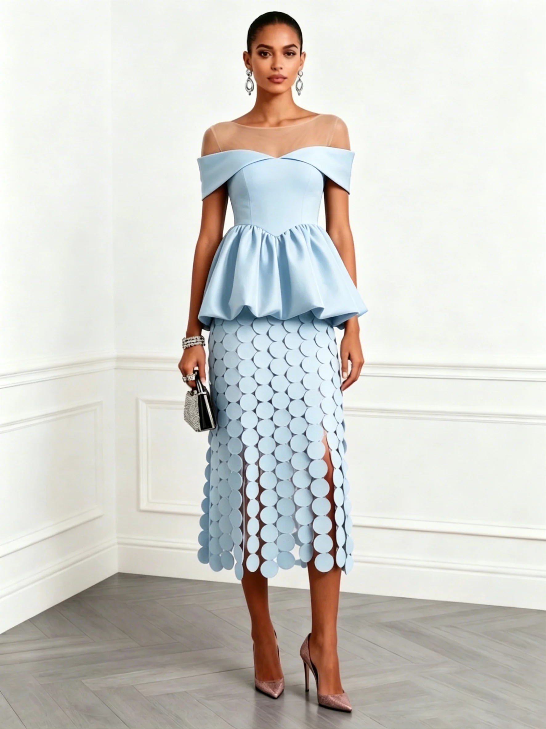 Women Light Blue Ruched Boat Neck Short Sleeve Elegant Top With Skirt Two-Piece Set