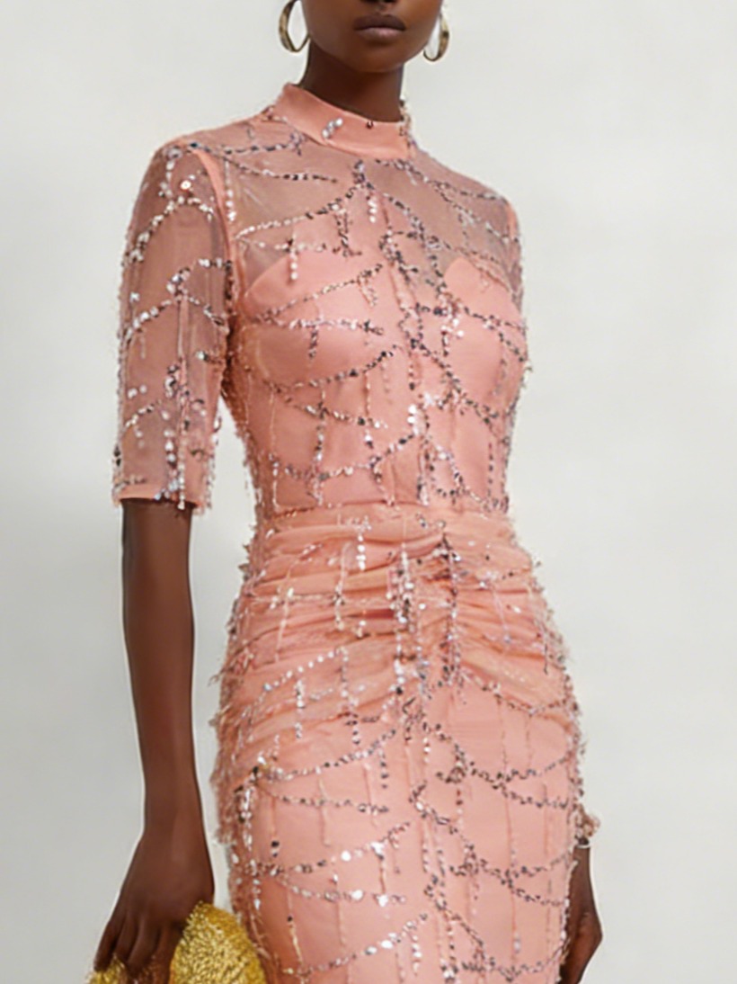 Peach Mesh Lace Crew Neck Half Sleeve Sheath Gown Dress
