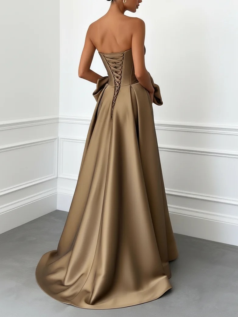 Brown Glitter Bow Satin Strapless Sleeveless A-Line Gown Dress