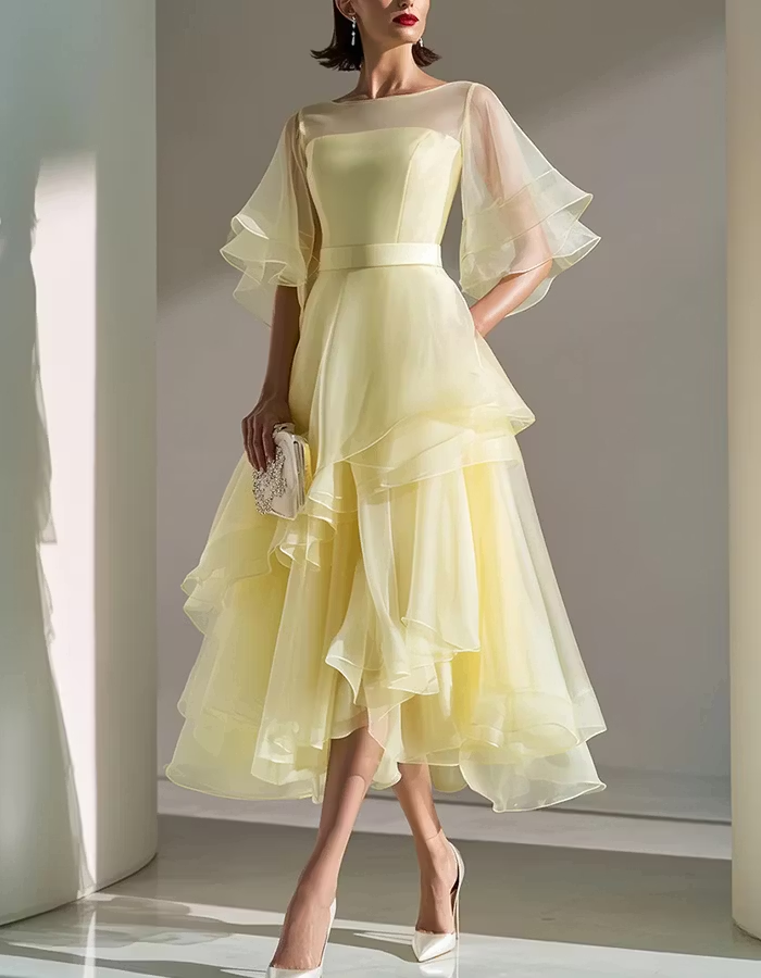 Yellow Sheer Neck Double Flutter Sleeve Tiered Organza Midi Dress
