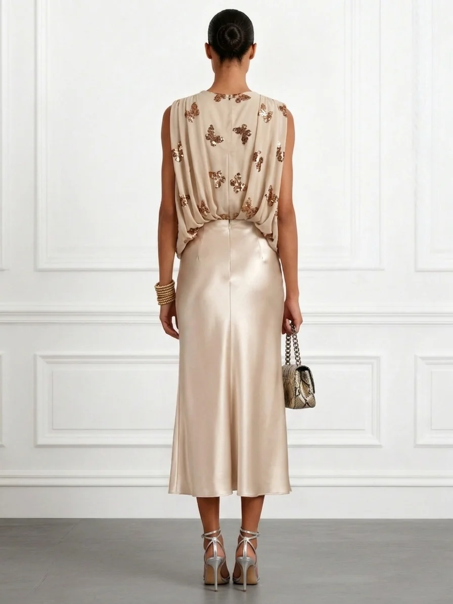 Women Champagne Glitter V Neck Sleeveless Dressy Top With Skirt Two-Piece Set
