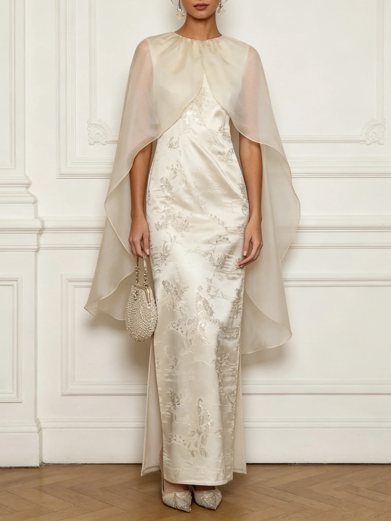 Off White Jacquard Classic Crew Neck Cap Sleeve Sheath Maxi Dress