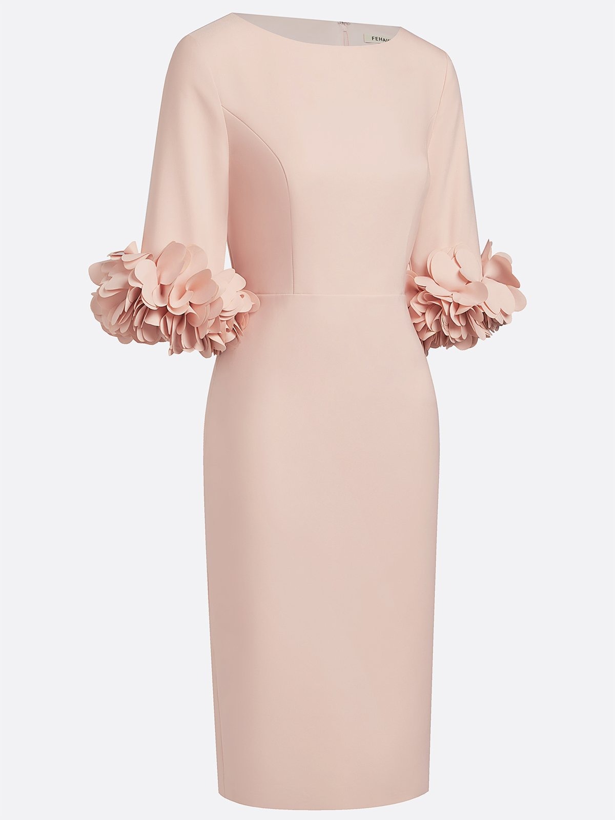 Light Pink 3D Floral Classic Crew Neck Half Sleeve Sheath Midi Dress