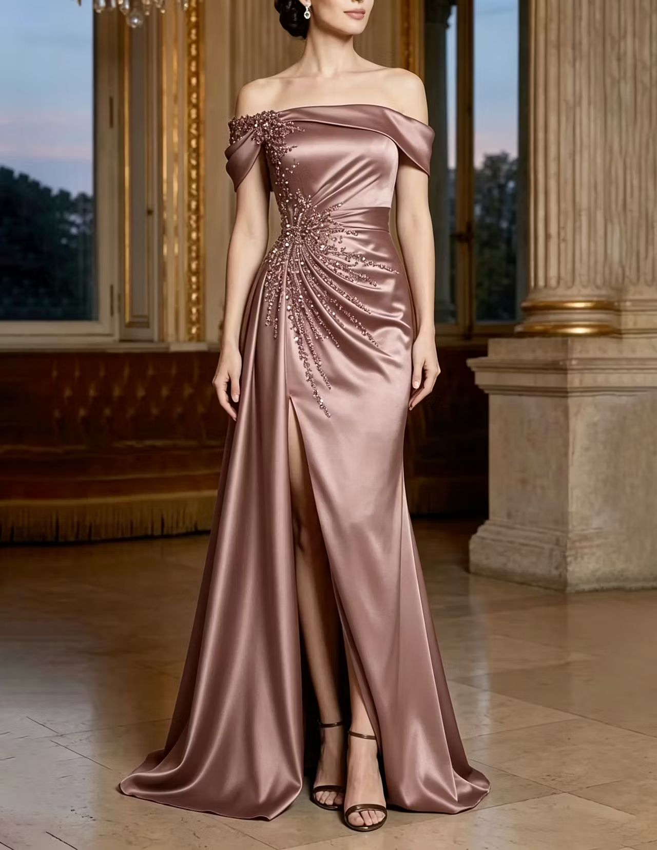 Off-The-Shoulder Draped Satin Beaded Lace High Slit Mermaid Maxi Dress