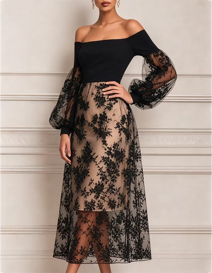 Black Off Shoulder Sheer Puff Sleeve Floral Lace Nude Lined Midi Dress