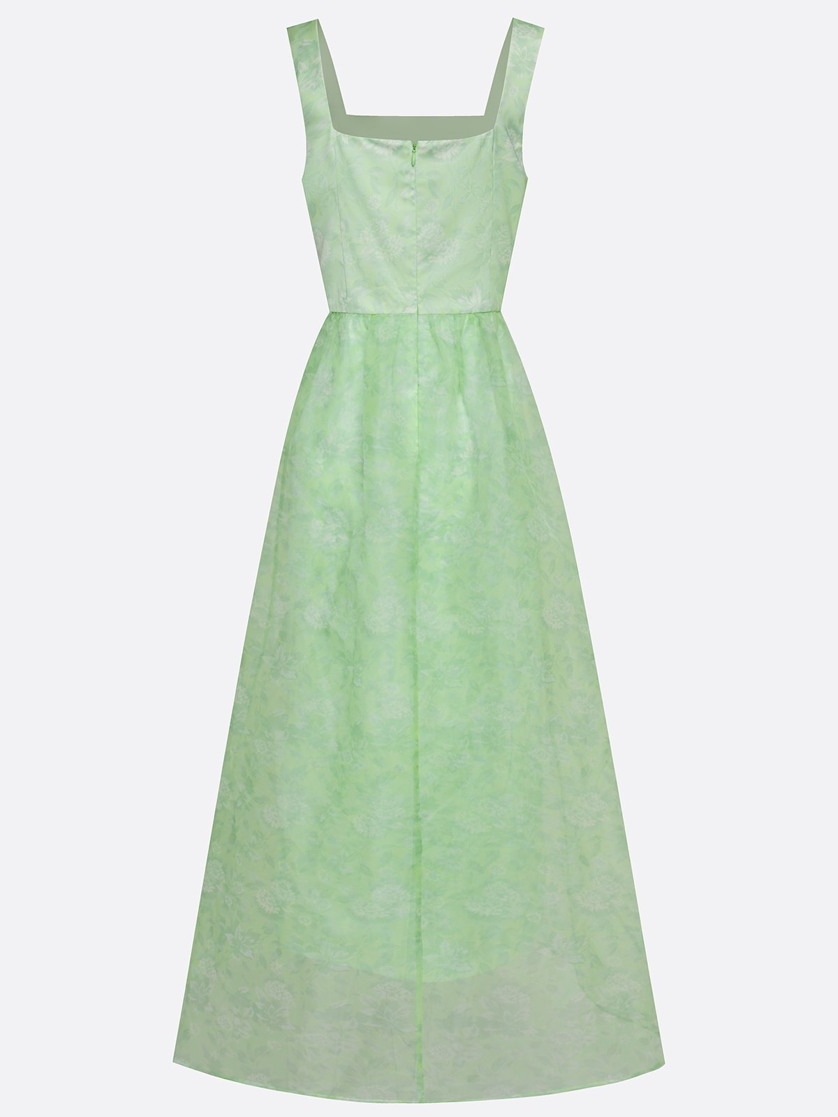 Light Green Floral Split Joint Satin Square Neck Sleeveless A-Line Maxi Dress
