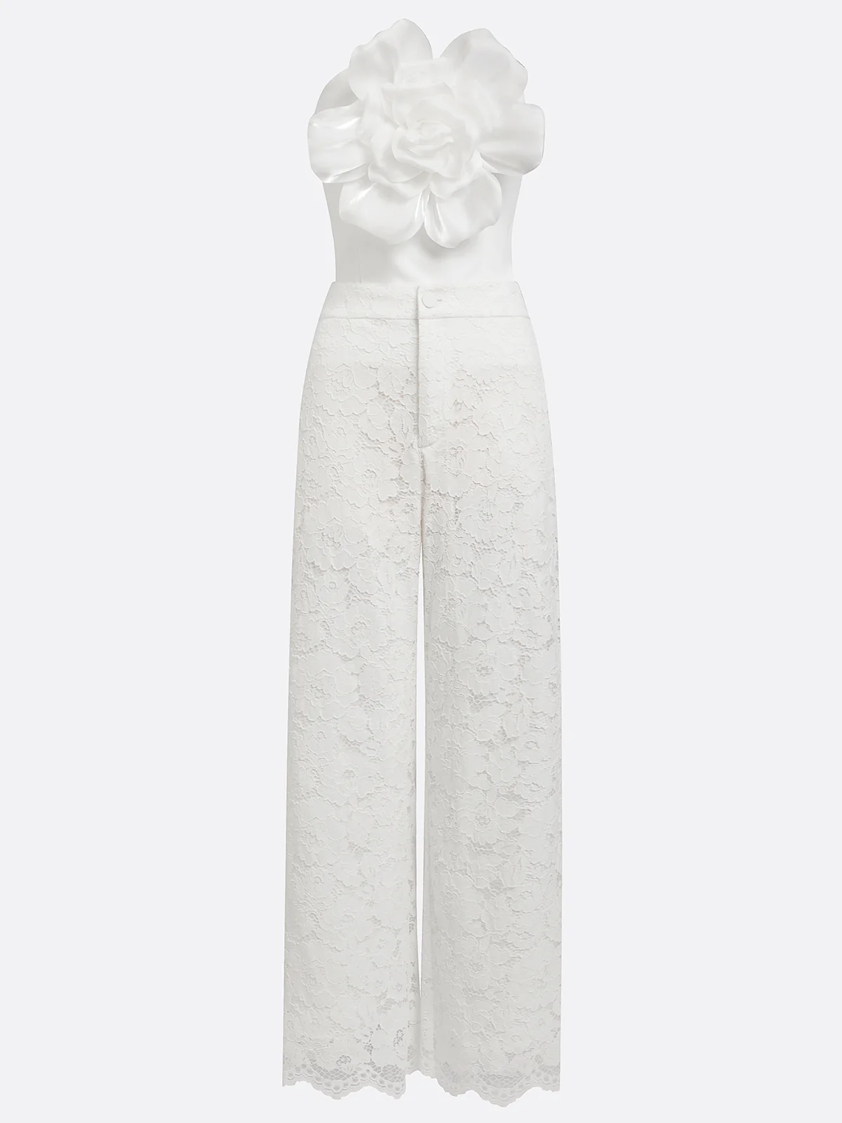Women White 3D Floral Strapless Sleeveless Elegant Top With Pants Two-Piece Set