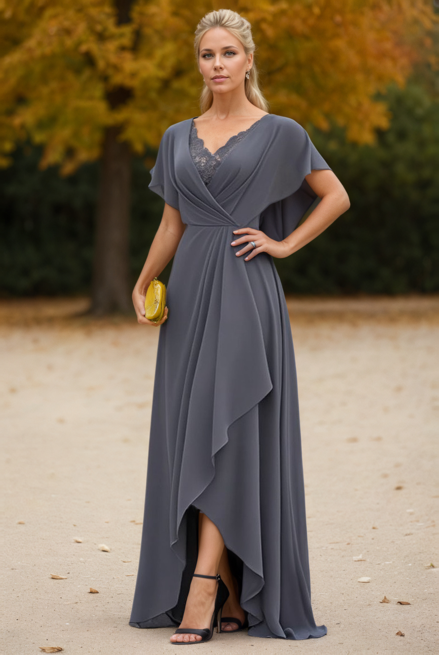 Wedding Dress Grey V Neck Lace Maxi Mother of the Bride Dress