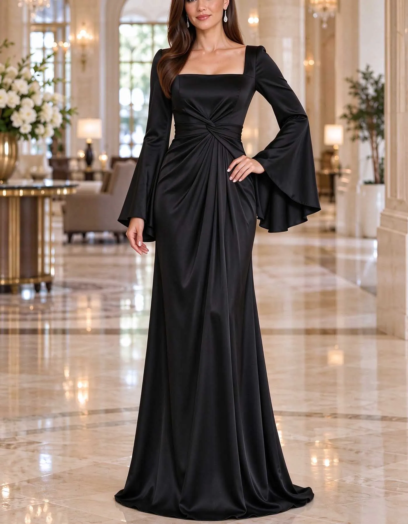 Square Neck Bell Sleeve Satin Mermaid Maxi Dress