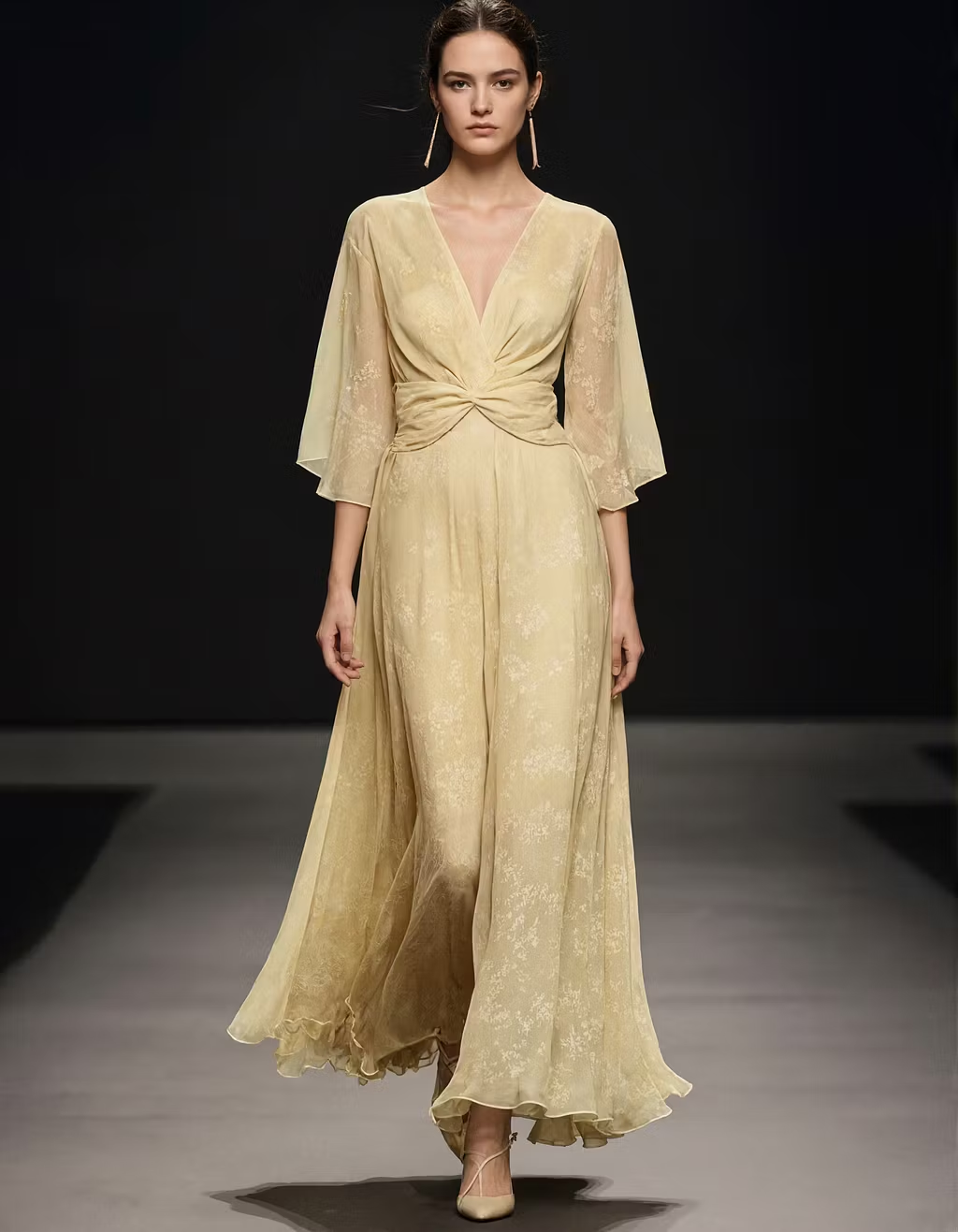 Pale Yellow Printed Deep V-Neck Bell Sleeve Chiffon Maxi Dress