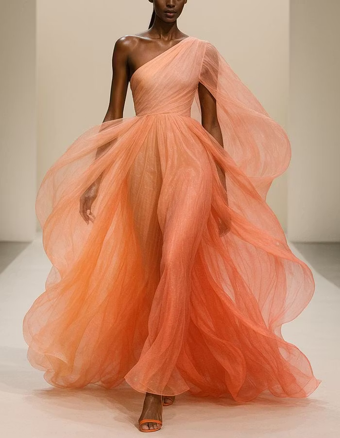 Orange One Shoulder Shawl Sleeve Chiffon Maxi Dress