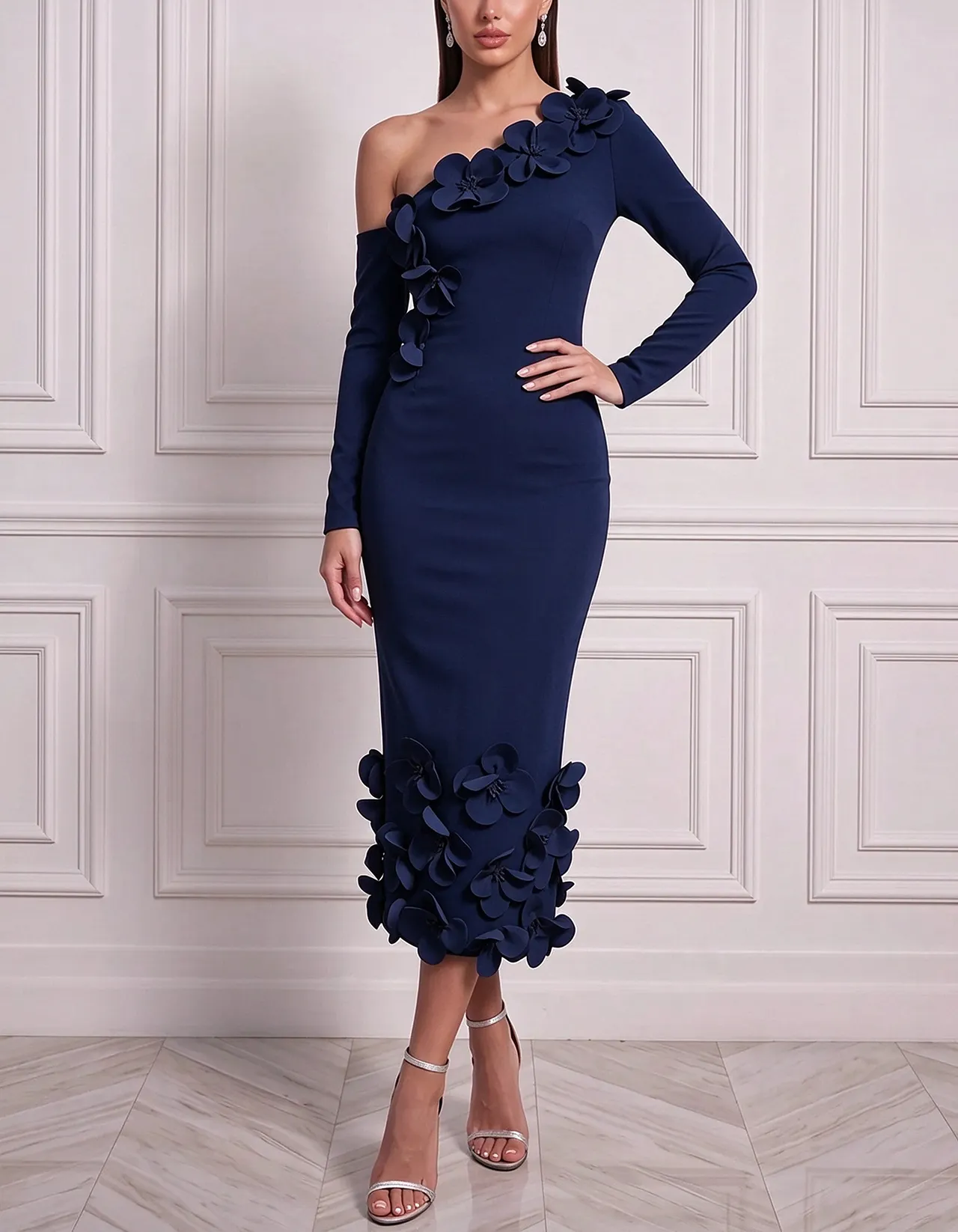 One Shoulder Cold Shoulder Long Sleeve 3D Floral Midi Dress