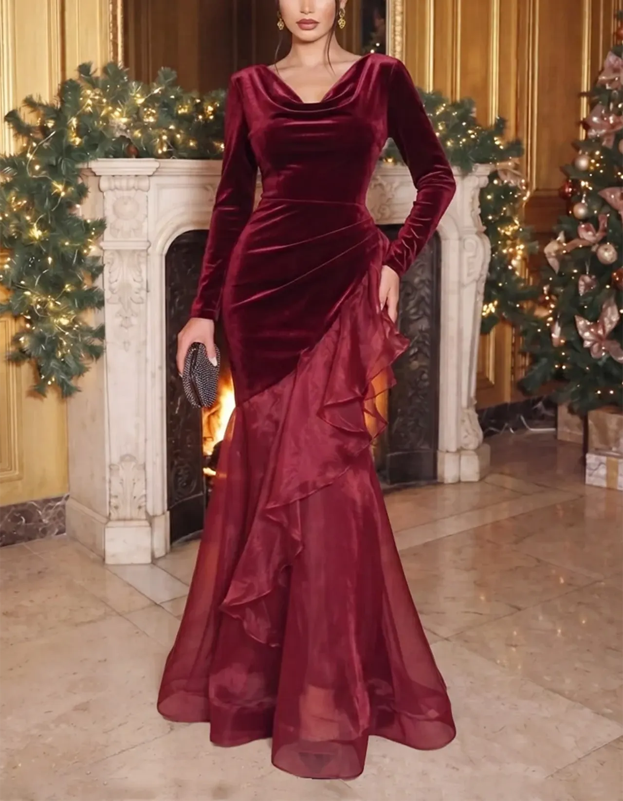Burgundy Cowl Neck Velvet Ruffle Mermaid Maxi Dress