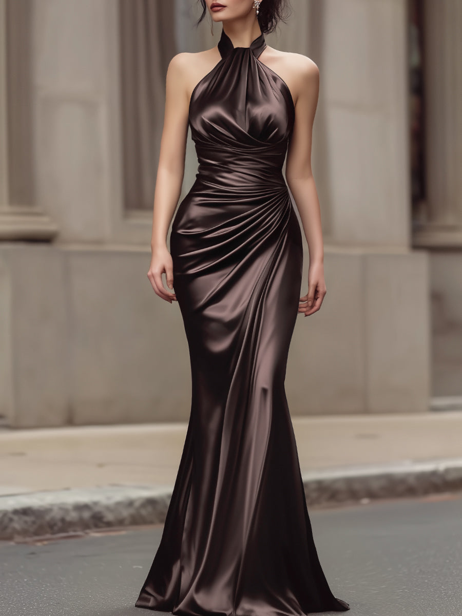 Brown Halter Neck Draped Satin Column Maxi Dress