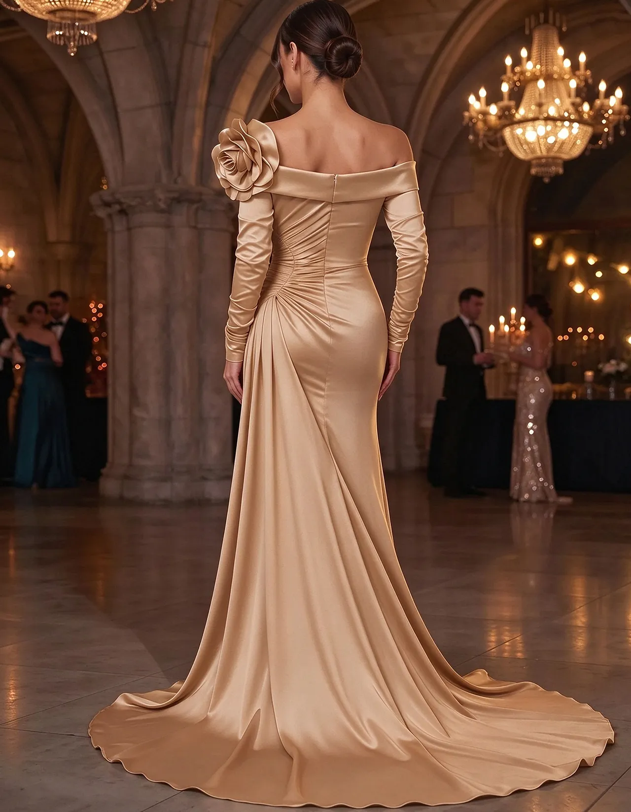Champagne Satin Off The Shoulder Long Sleeve 3D Floral Maxi Dress